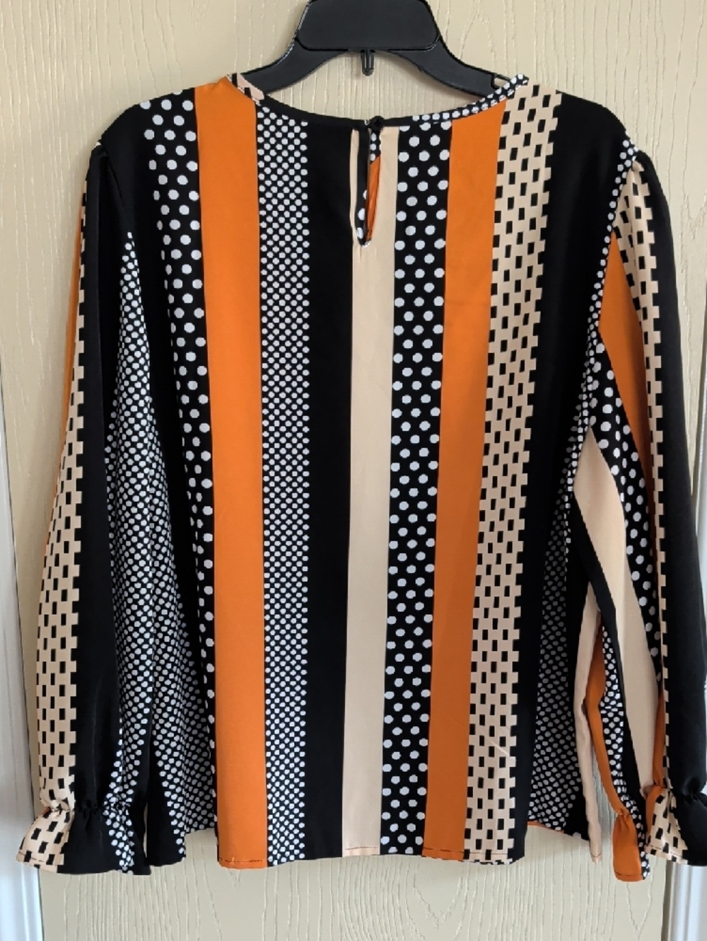 Striped Polka Dot Long-Sleeve Blouse - Black, Orange, Cream - 2XL - Picture 2 of 6